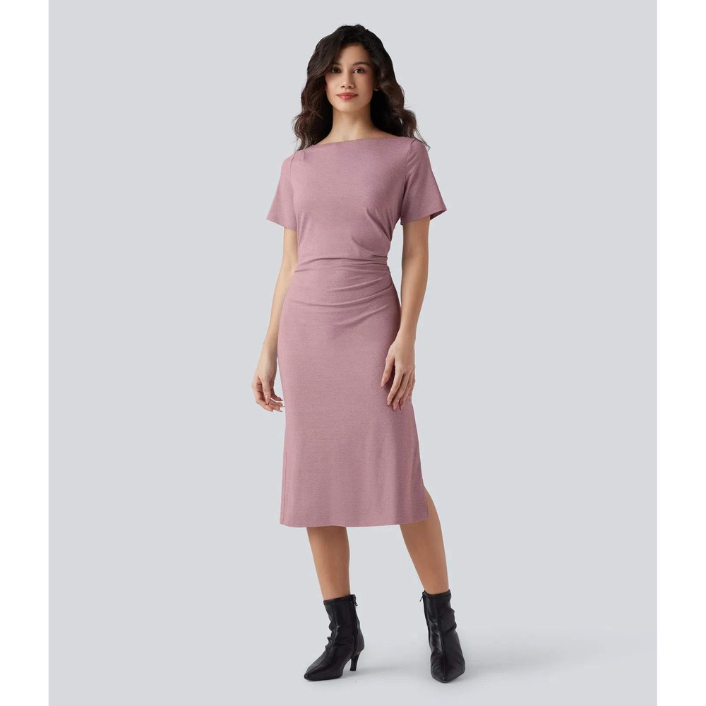 Halara nwt S pink short sleeve ruched bodycon midi work dress office travel work